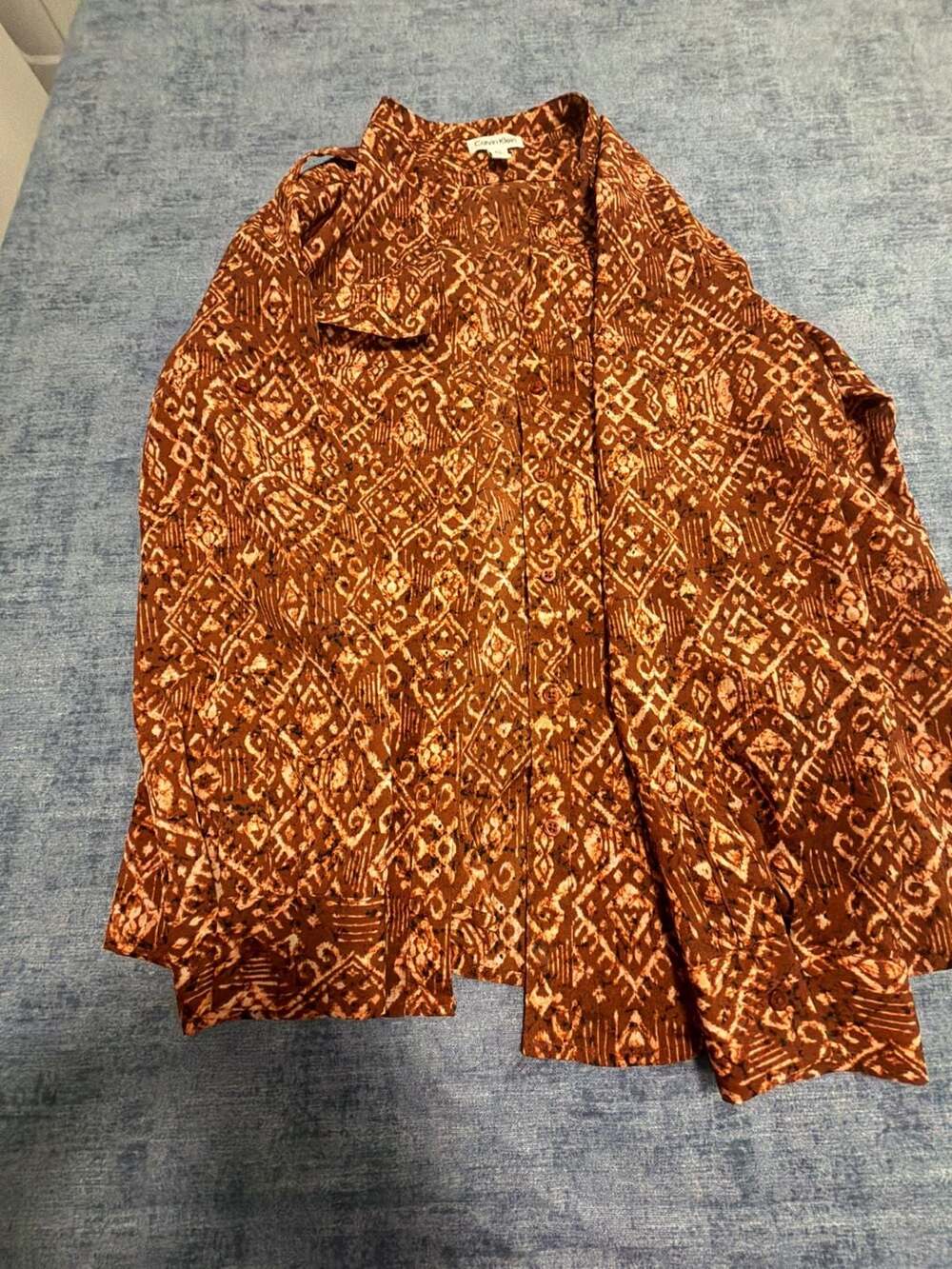 Calvin Klein Brown Geometric Print Button-Down Long Sleeve Shirt Size L